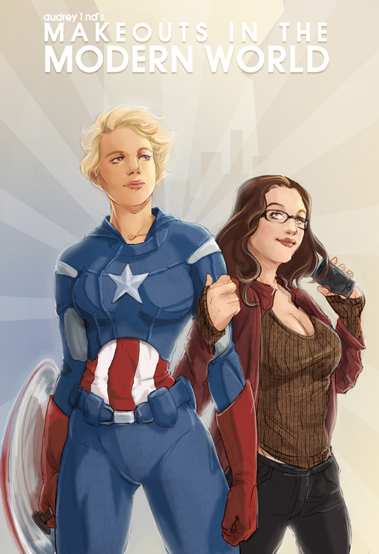 Rule 63 Captain America in the forefront with Darcy's arm hooked through her elbow