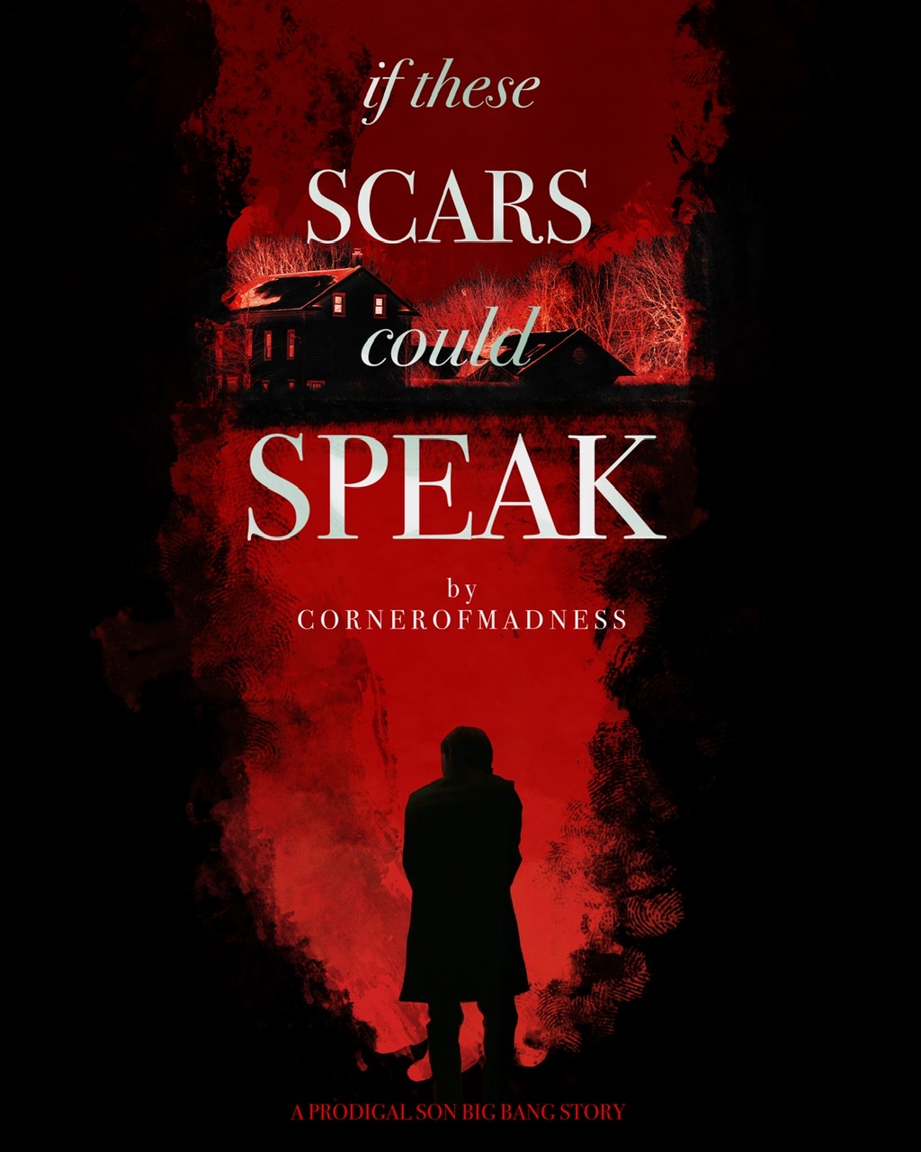 Cover image for If These Scars Could Speak by Cornerofmadness. It is made to look like a thriller book jacket, with a silhouette of Malcolm in the middle of a red slash cutting through the middle of  blackness. An ominous looking silhouette of a farmhouse sits in the distance.