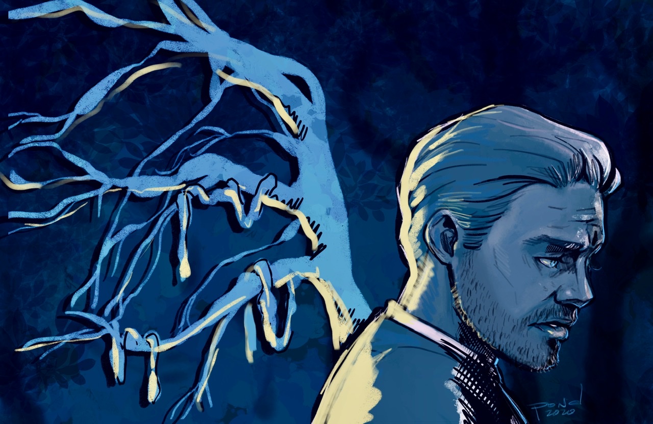 Comic style illustration of Malcolm in near profile looking offscreen with a sad expression. The image is in cool dark tones and there is a silhouette of a tree behind his back, almost like skeletal wings. There is the suggestion of intestines hanging from the branches and both the tree and Malcolm are backlit with a sharp yellow light.