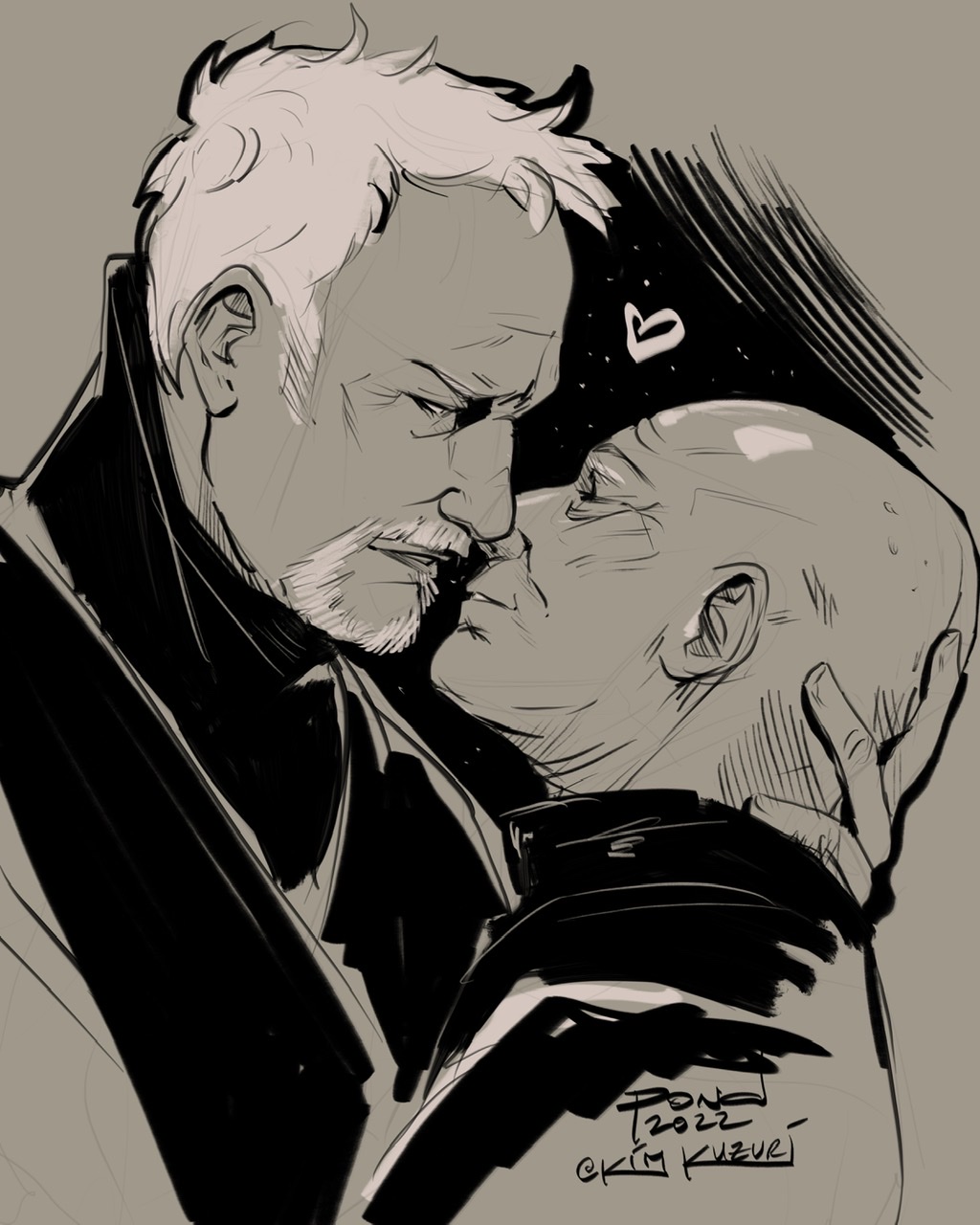 Simple toned black & white inked fanart of older Picard tilting his face up to Q in a near-kiss while Q's fingers cradle the back of Picard's head. The black in the background is patterned lightly with stars and a little drawn heart floats between them.