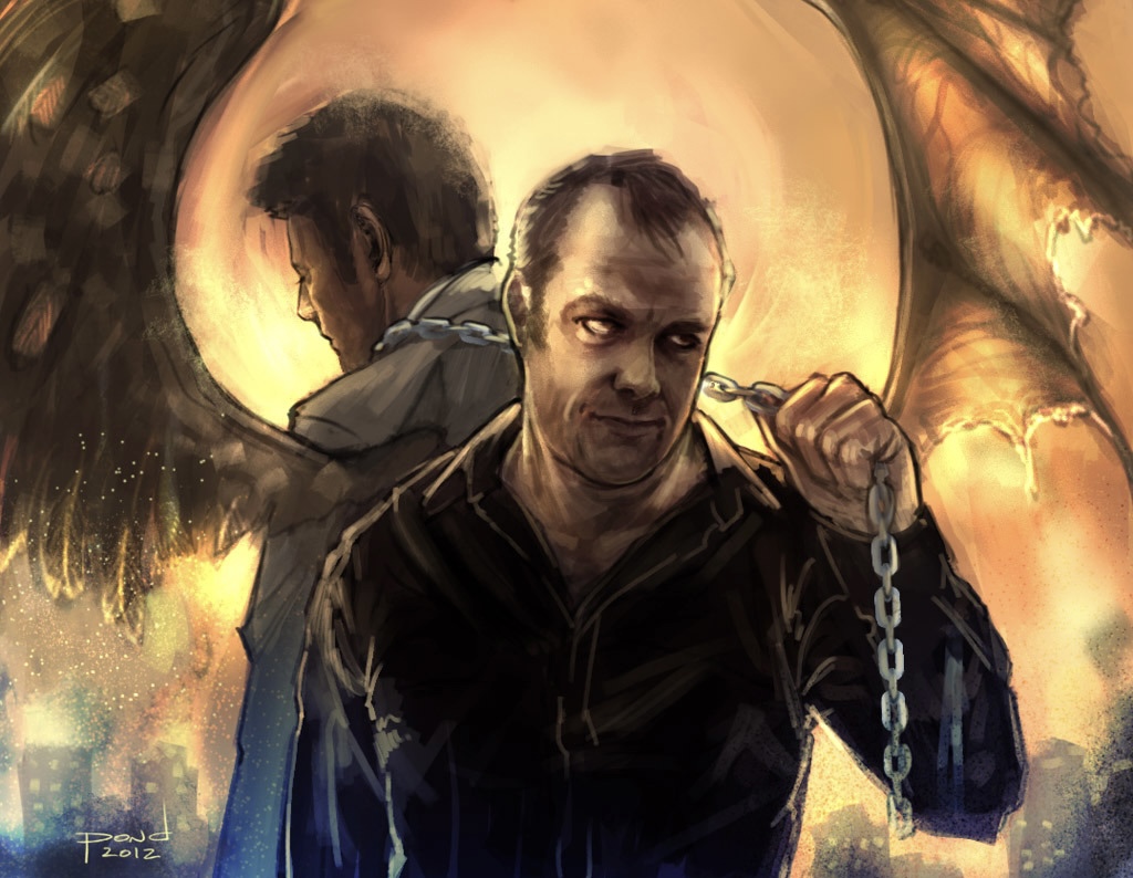 Crowley in the foreground leads Castiel—who is at his back, facing away from the viewer—by a chain. There's a vaguely dystopian background. Crowley is framed by one of his own bat wings and one of Castiel's feathered wings, but both are dissolving, burning.