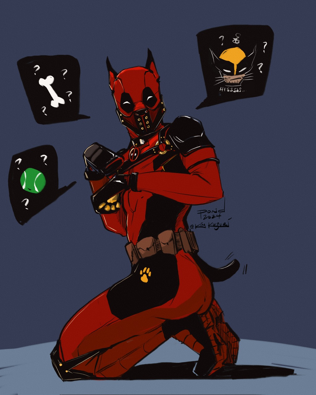 Fanart of a Deadpool variant whose outfit is pup fetish gear, he's sitting on his heels with paw mitts up. Little emoji speech bubbles are asking for a bone, a ball, or kitty wolverine.