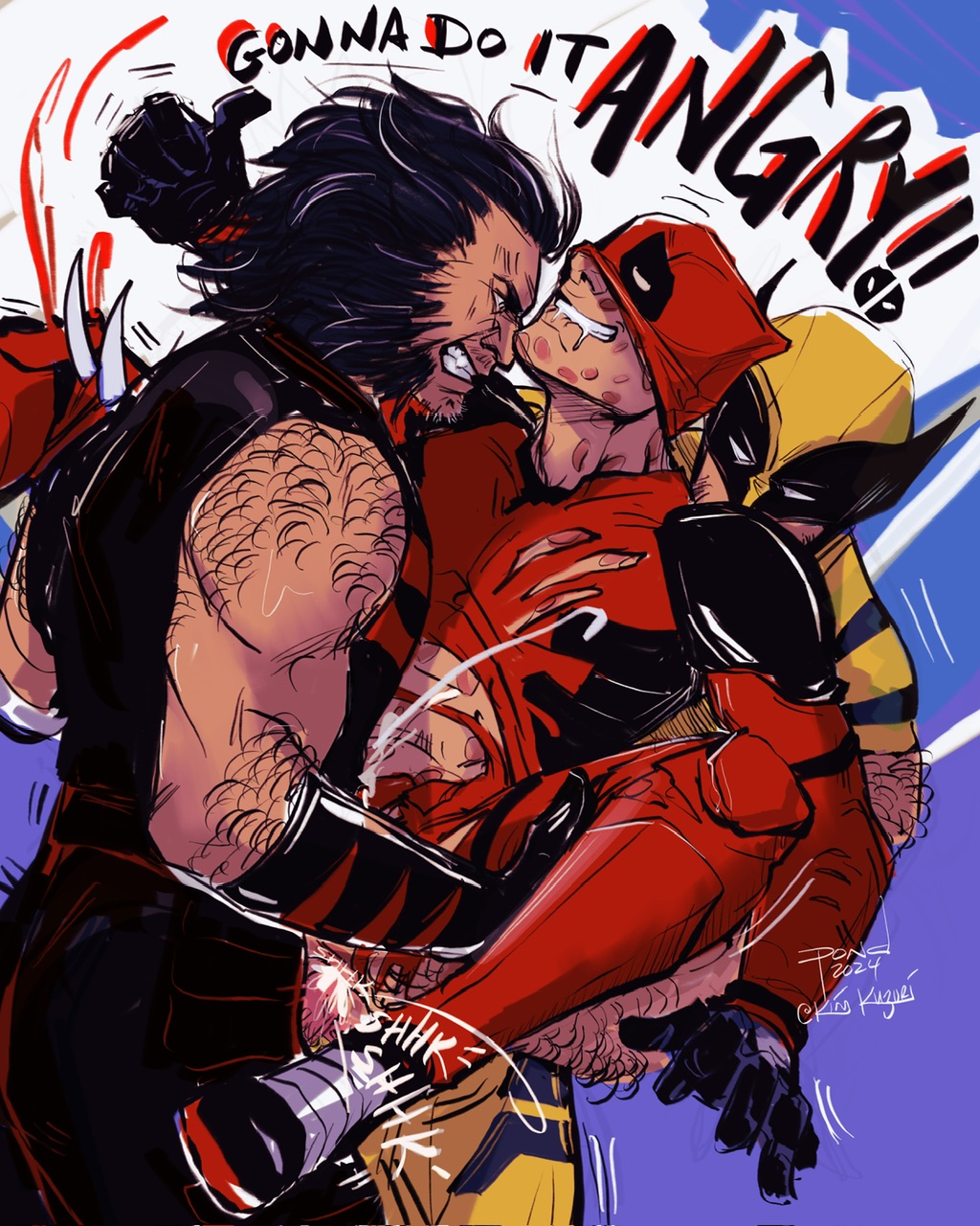 Deadpool & Wolverine fanart of Deadpool getting DP'd with two dicks in one hole by the Age of Apocalypse Logan variant and Worst Wolverine. Wade's being carried between them and giving a thumbs up as he drools and gets his leg speared by claws to hold him open.></myroot>