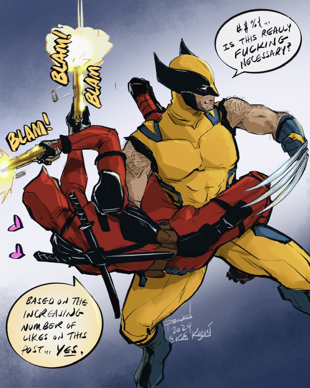 Deadpool and Wolverine fanart from a high angle. Wolverine is carrying Deadpool, crotch-to-crotch, with one hand scooped under his butt and his other arm raised to fight with claws popped. Deadpool has his legs wrapped around Wolverine's waist and is leaning back to shoot in the opposite direction that Wolverine is facing. Logan's speech bubble says ' #$%{ Is this really fucking necessary?' while Wade responds with 'Based on the increasing number of likes on this post... yes.'