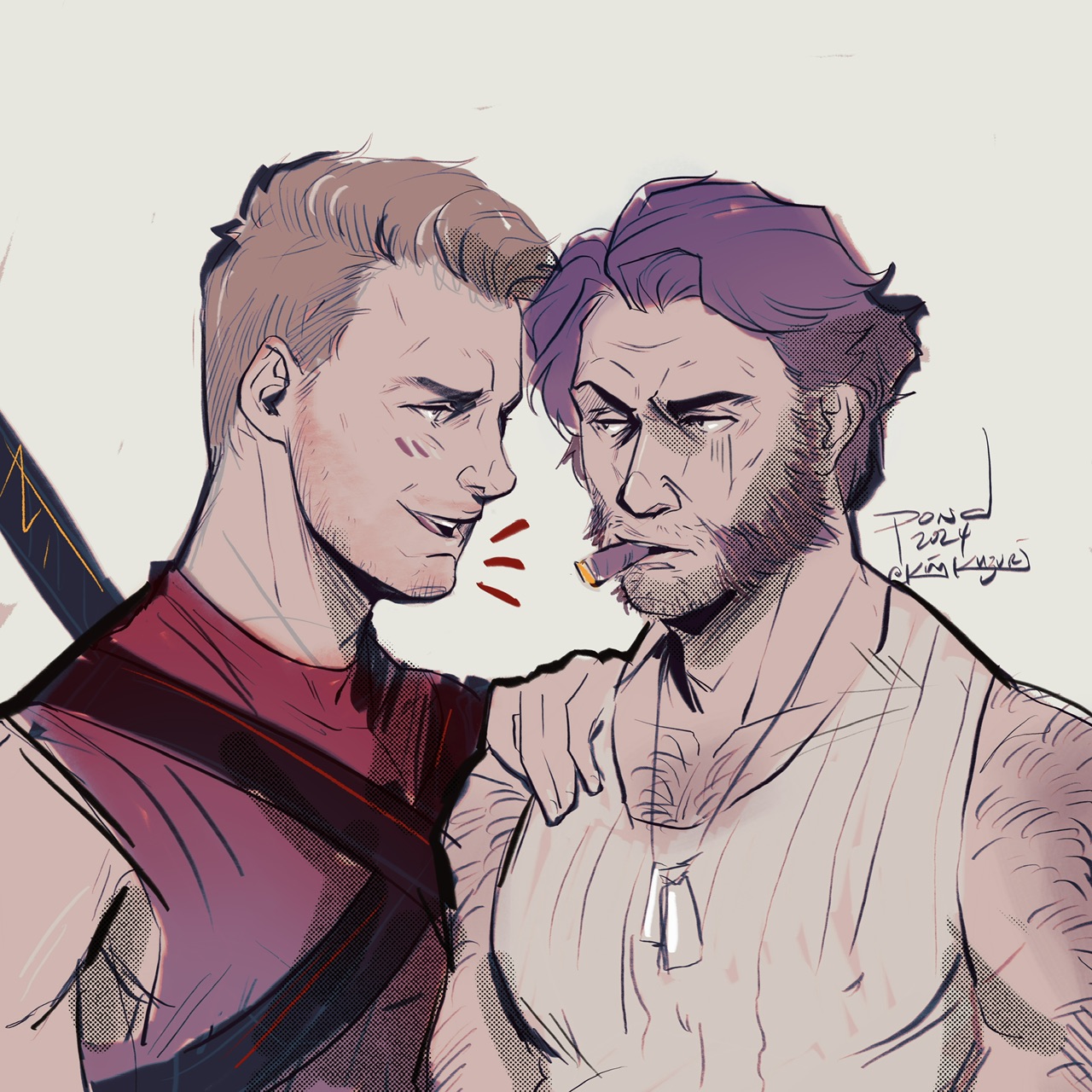 Fanart of Origins movieverse Wade and Logan with Wade putting a hand on Logan's shoulder and yapping at him while Logan smokes a cigar and looks annoyed.